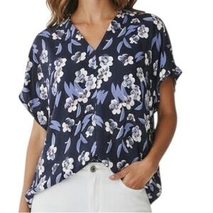 NWT LEWIT Navy Floral Short Sleeve V-Neck Blouse Size Large